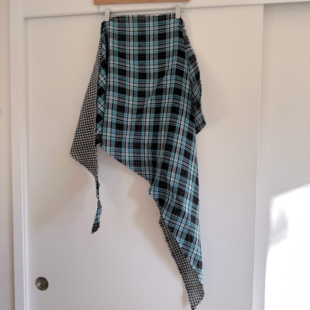 Reversible Plaid Scarf, Teal Black White, Gingham Fringe